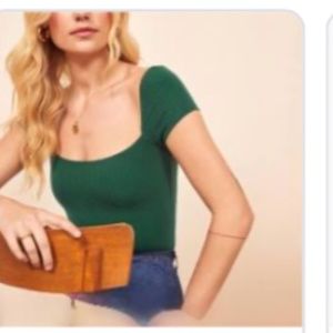 Reformation Green Ribbed Cap Sleeve Bodysuit